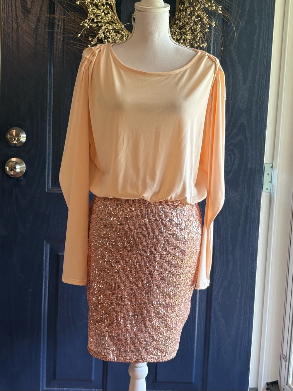 VENUS Light Peach Sequin Skirt Dress W/ Cutout Back Accent size Medium